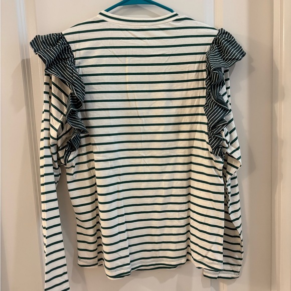 Doe & Rae Green and White Ruffle Shoulder Blouse - Picture 5 of 6